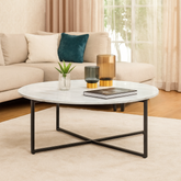 طاولة قهوة دائرية خشبية ملتوية من أوكسز بتصميم عصري وعصري بقاعدة معدنية وسطح رخامي (أبيض وأسود)