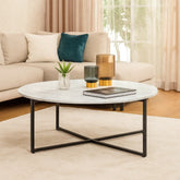 Wooden Twist Auxz Modern Contemporary Metal Base Marble Top Round Coffee Table ( White & Black )