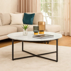 Wooden Twist Auxz Modern Contemporary Metal Base Marble Top Round Coffee Table ( White & Black )