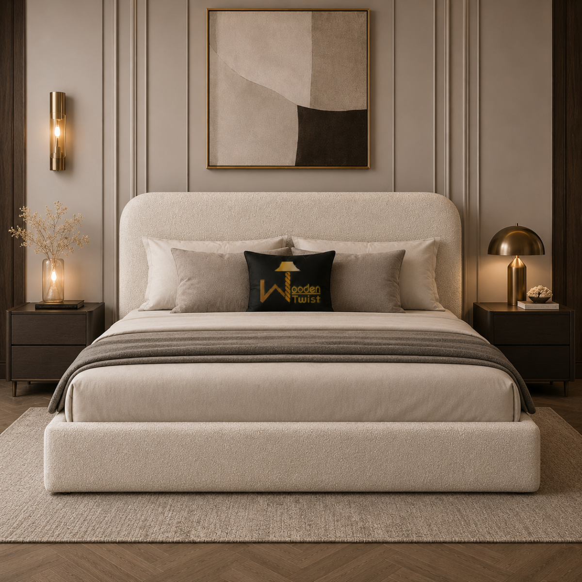 Cloudora bouclé upholstered bed in a warm bedroom with abstract art and brass wall sconces