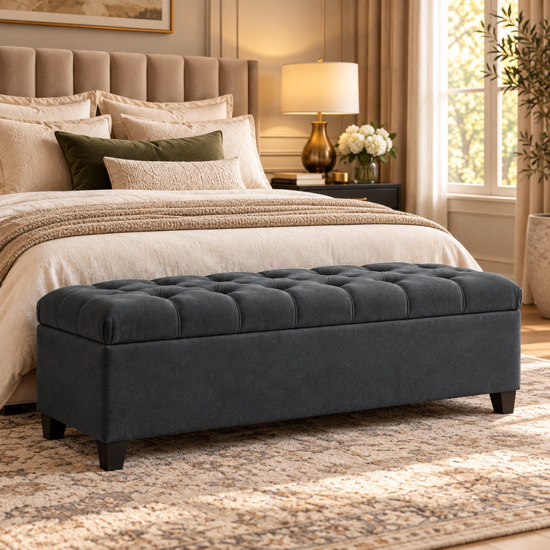 Wooden Twist Zelja velvet flip top storage bench in dark gray – lifestyle view at the foot of a bed