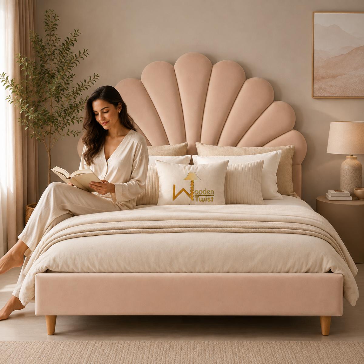Wooden Twist Dazzling Modern Glam Velvet Bed - Light Pink, girl reading in bed lifestyle view