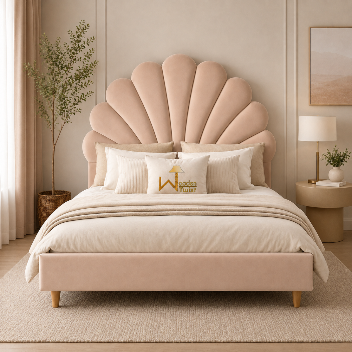 Wooden Twist Dazzling Modern Glam Velvet Bed - Light Pink bedroom lifestyle view with nightstand