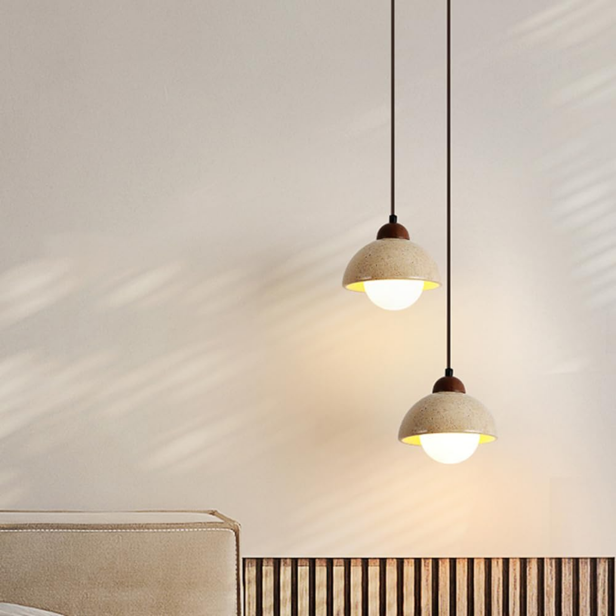 Aurelia Travertine Dome Pendant Light front view and close-up showing dome shade and walnut cup