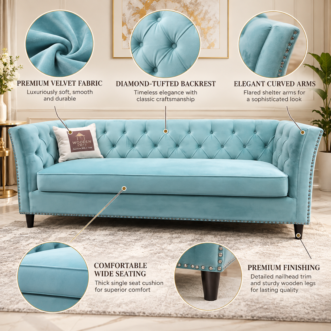 Wooden Twist Diamond Tufted Velvet Chesterfield Style 3 Seater Sofa Sky Blue – Key Features