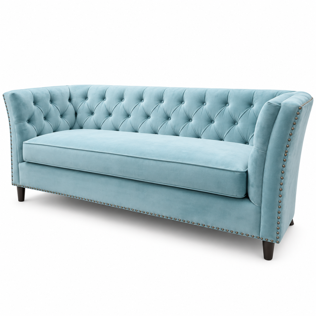 Wooden Twist Diamond Tufted Velvet Chesterfield Style 3 Seater Sofa Sky Blue – Angle View