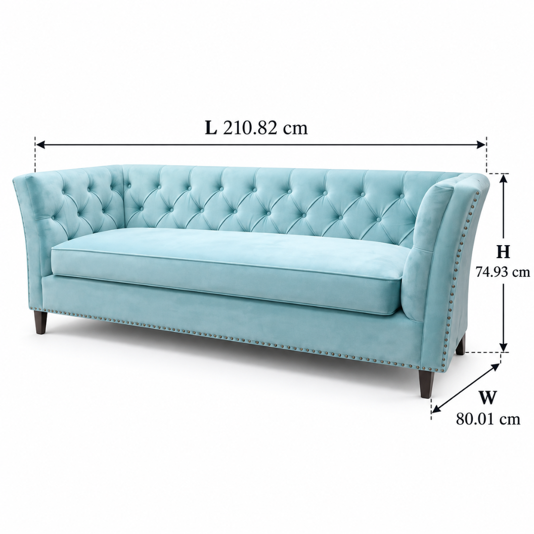 Wooden Twist Diamond Tufted Velvet Chesterfield Style 3 Seater Sofa Sky Blue – Dimensions 211 x 80 x 75 cm