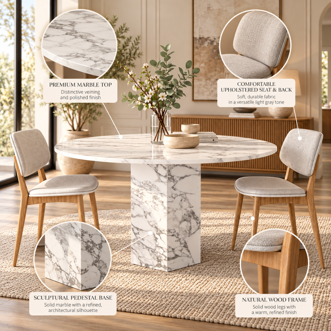 Wooden Twist Solenne Round White Marble Dining Table Set with 2 Chairs – Features: Marble Top, Pedestal Base, Upholstered Seat, Wood Frame