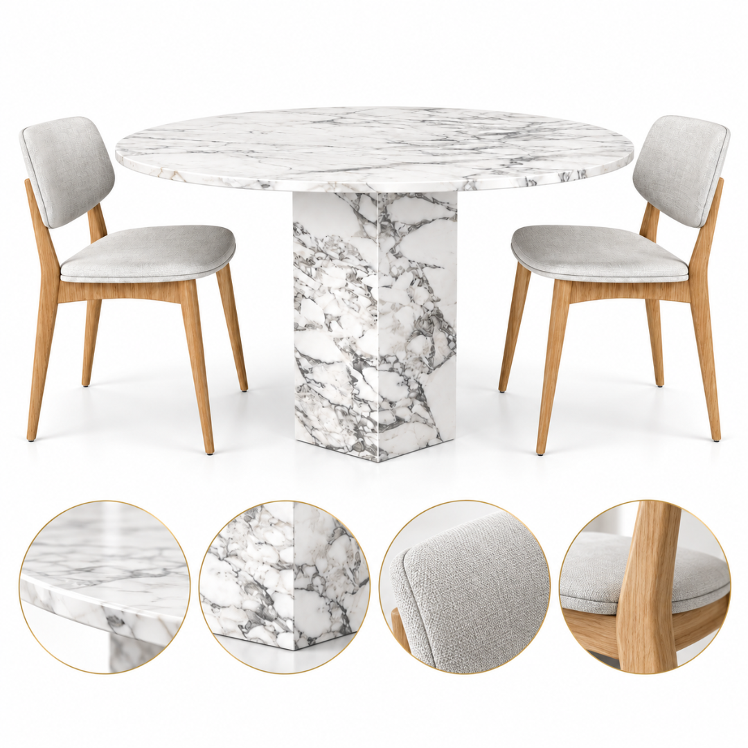 Wooden Twist Solenne Round White Marble Dining Table Set with 2 Chairs – Marble, Fabric and Wood Detail Close-Ups