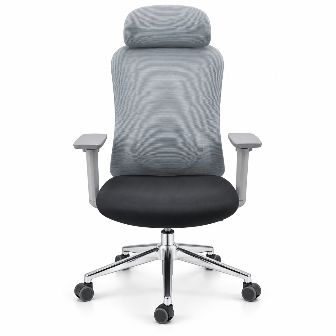 Wooden Twist Ergonomic High Back Mesh Office Chair Grey & Black – front studio view with headrest and black seat
