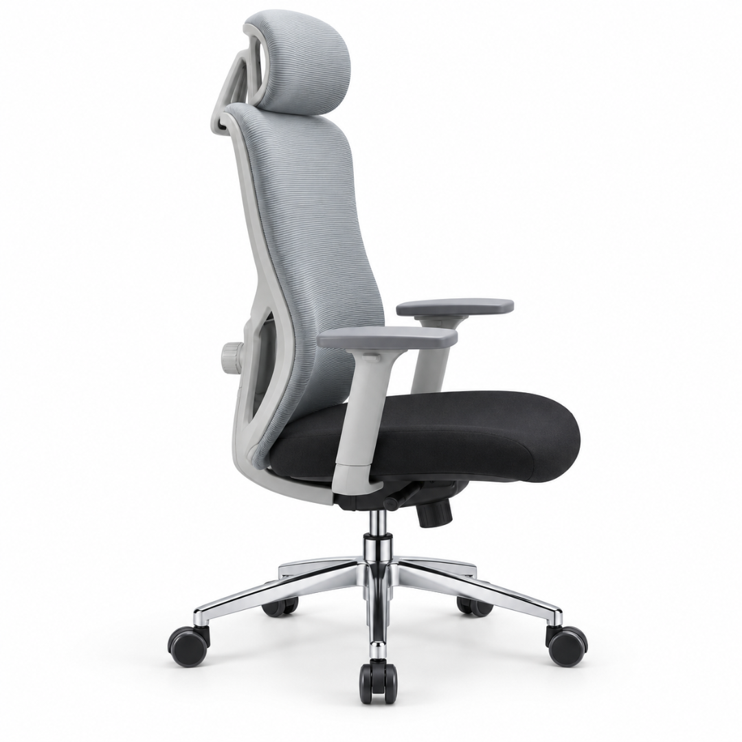 Wooden Twist Ergonomic High Back Mesh Office Chair Grey & Black – side view of contoured mesh back and armrests