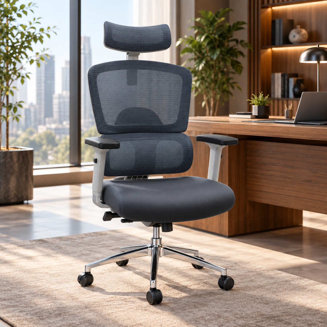 Wooden Twist Ergonomic Mesh Office Chair Grey – at a walnut desk in a city-view executive office
