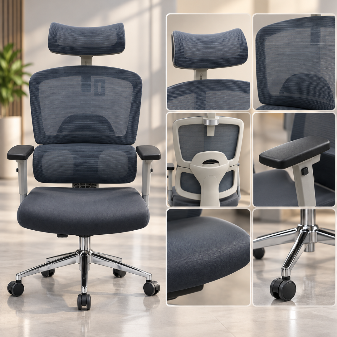Wooden Twist Ergonomic Mesh Office Chair Grey – close-ups of headrest, mesh back, frame, armrest, seat and chrome base
