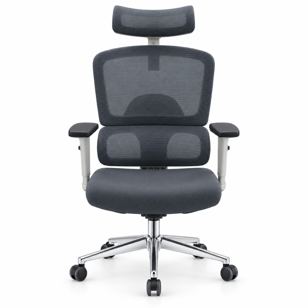 Wooden Twist Ergonomic Mesh Office Chair Grey – front studio view with headrest and dual-zone back
