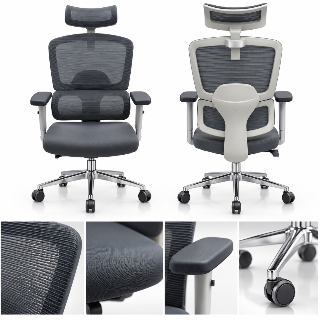 Wooden Twist Ergonomic Mesh Office Chair Grey – front and back views with mesh, seat, armrest and caster details