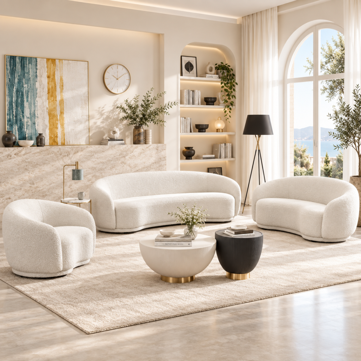 Snug Rounded Back Rich Cream Modern Boucle Sofa