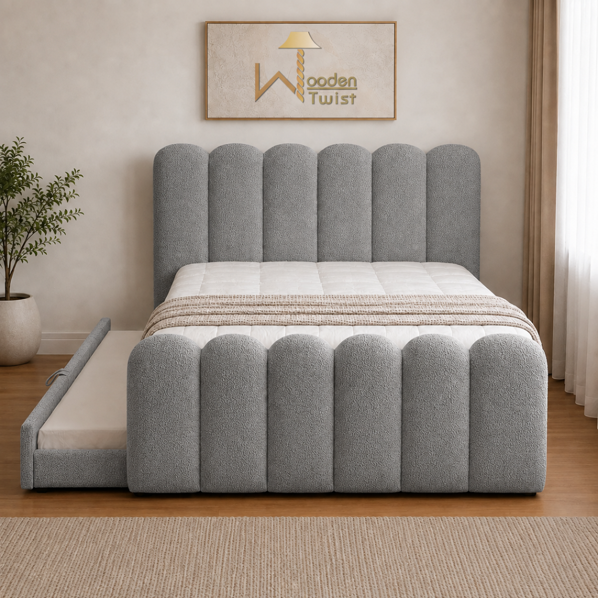 Wooden Twist Boucle Kids Bed with Side Pull-Out Trundle & Scalloped Channel-Tufted Headboard