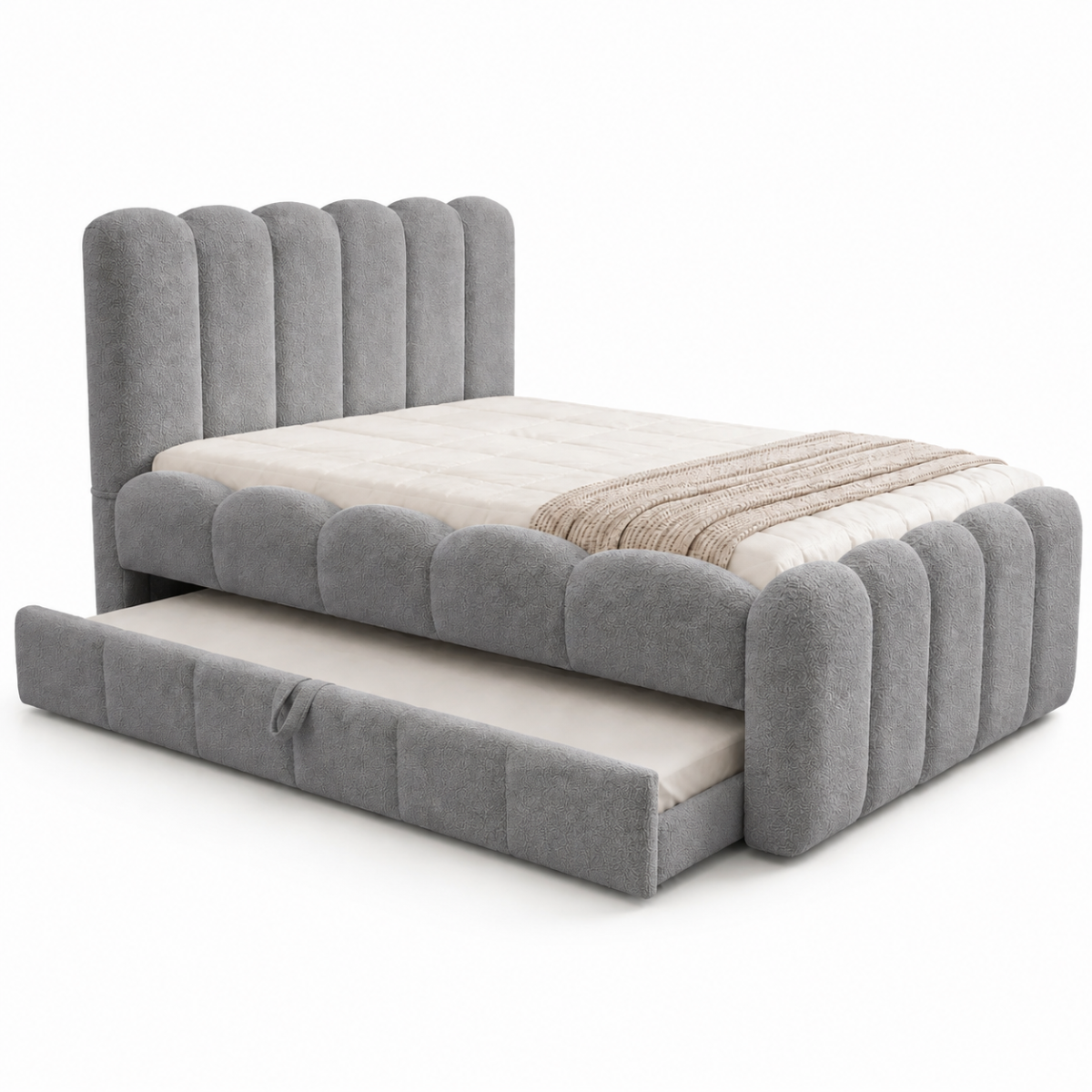 Wooden Twist Boucle Kids Bed with Side Pull-Out Trundle & Scalloped Channel-Tufted Headboard