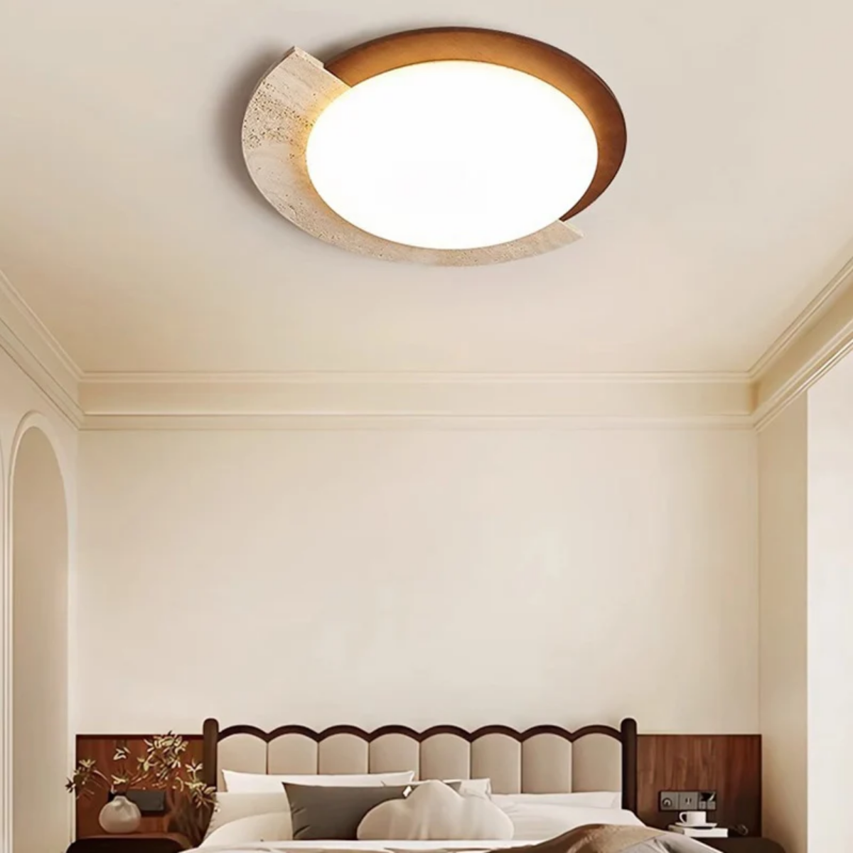 Heritage Glow Travertine LED Ceiling Light installed on a bedroom ceiling with arched doorway