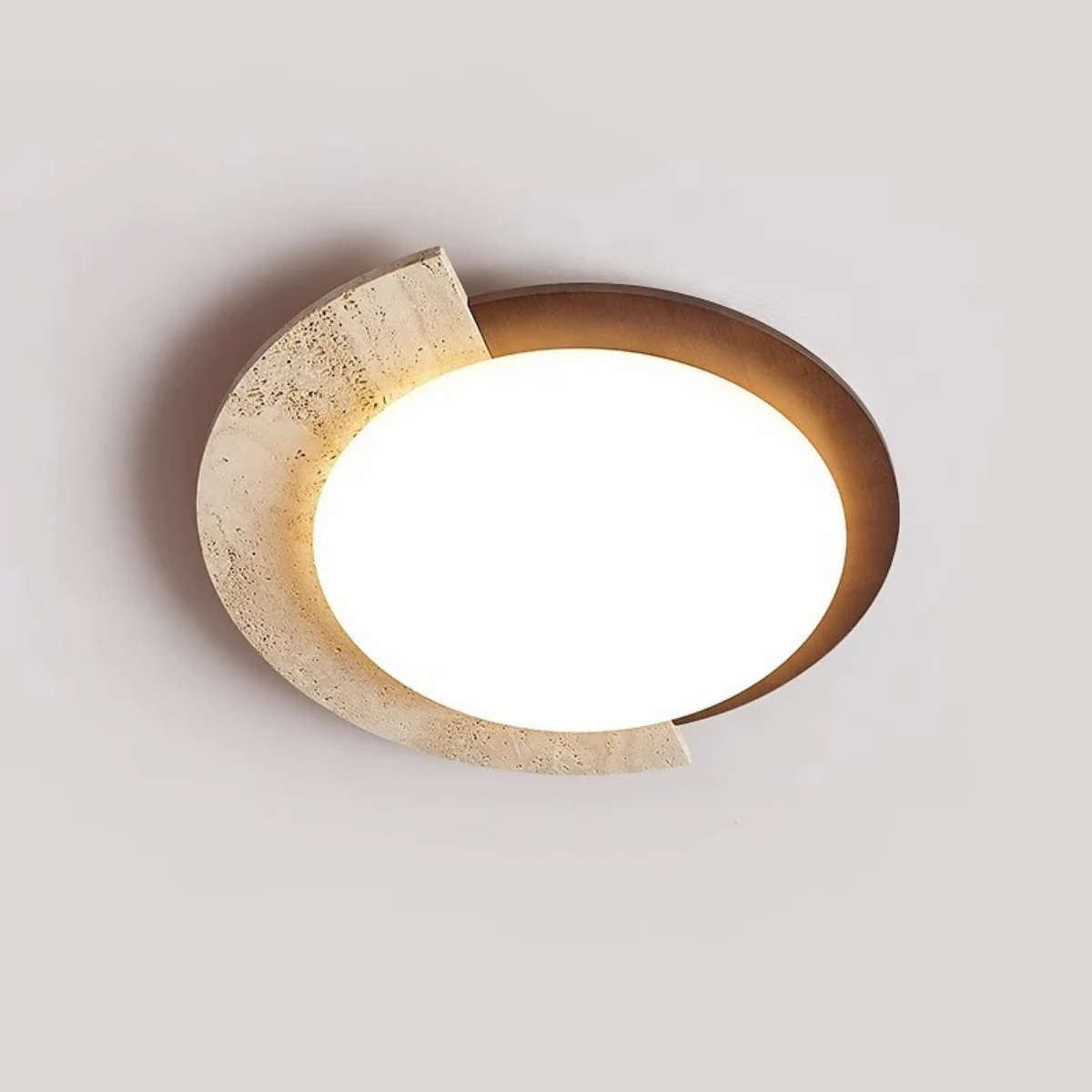 Close-up of Heritage Glow Travertine LED Ceiling Light showing the offset stone and wood ring design