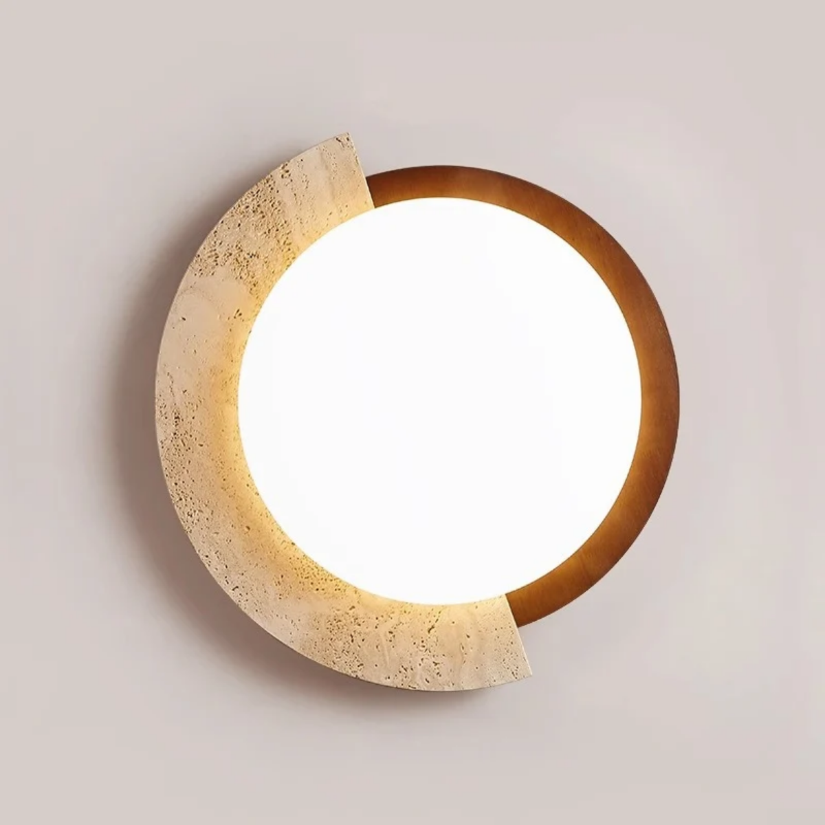 Close-up detail of the beige travertine texture and walnut wood ring on Heritage Glow Ceiling Light
