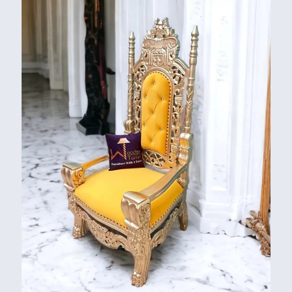Wooden Twist Luxurious Royal High Back Throne Chair Golden