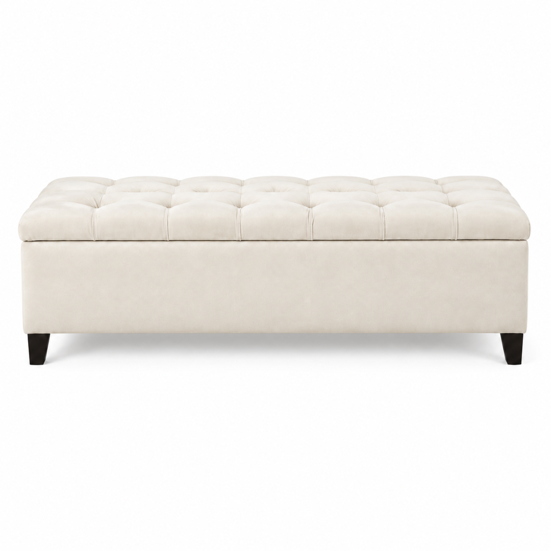Wooden Twist Zelja ivory velvet flip top storage bench – front view on white background