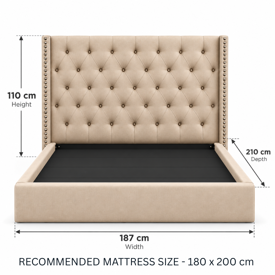 Wooden Twist Holland Wingback Tufted Velvet Bed Golden – King dimensions 187 x 210 x 110 cm