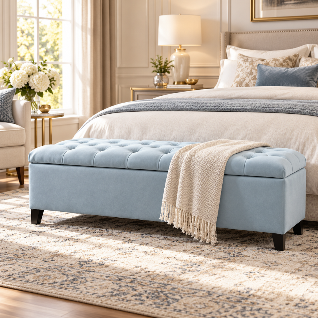 Wooden Twist Zelja velvet flip top storage bench in light sky blue – lifestyle view in bedroom