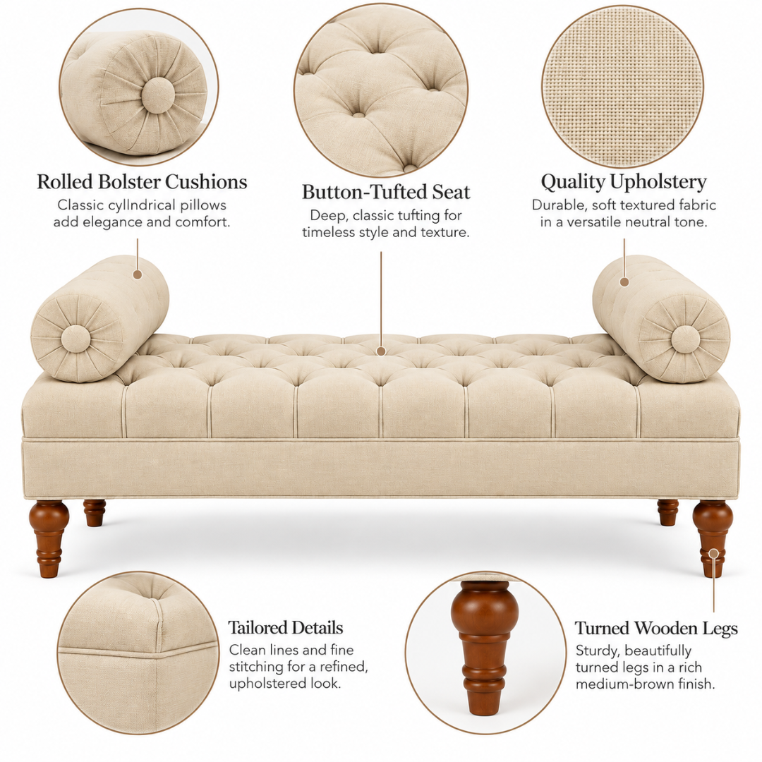 Wooden Twist Lewis Tufted Diwan Bench with Bolsters Beige – Features – Rolled Bolsters, Button-Tufted Seat and Turned Wooden Legs