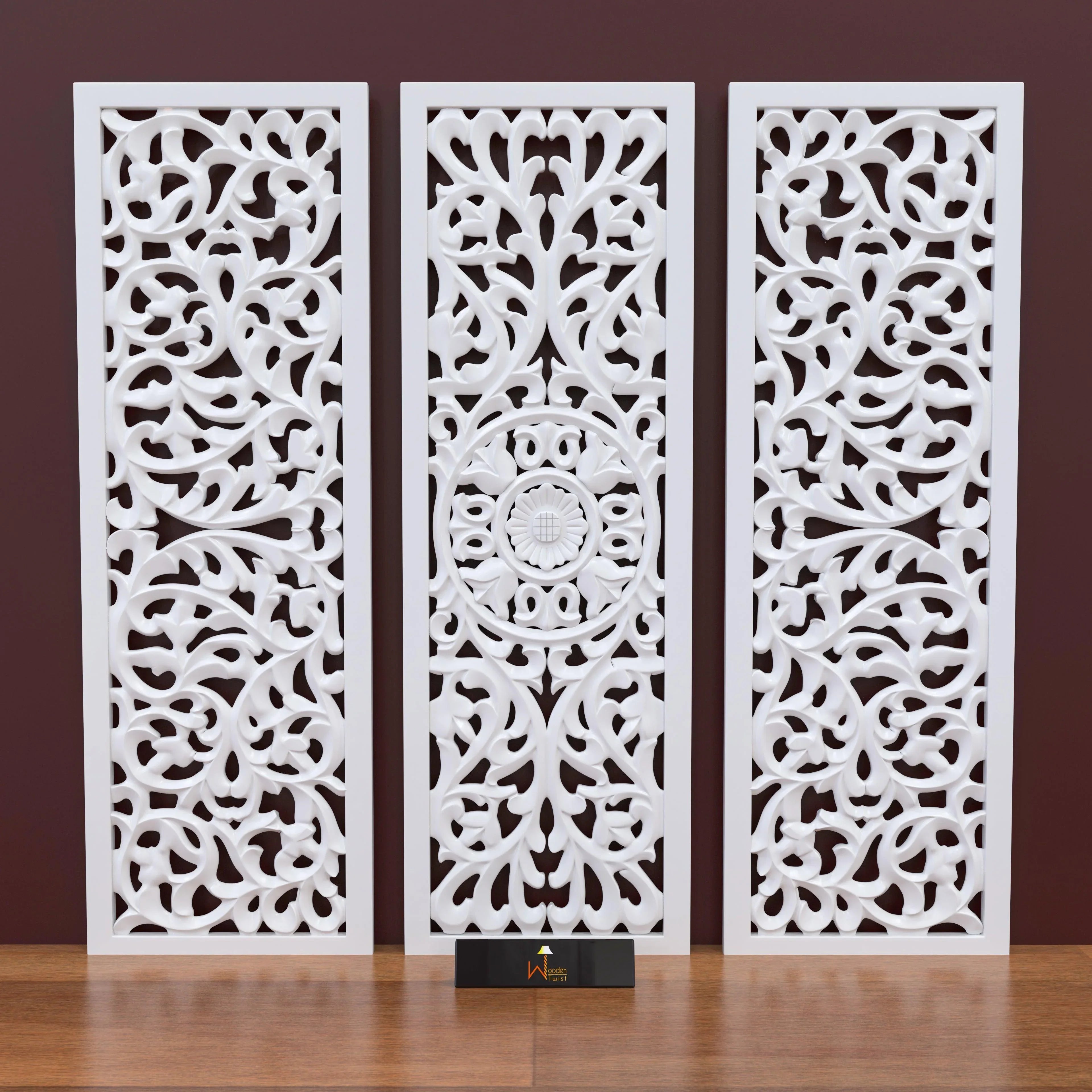 Premium Wooden Decoration Hand Carved 3 Wall Panel (MDF Wood, White) - Wooden Twist UAE