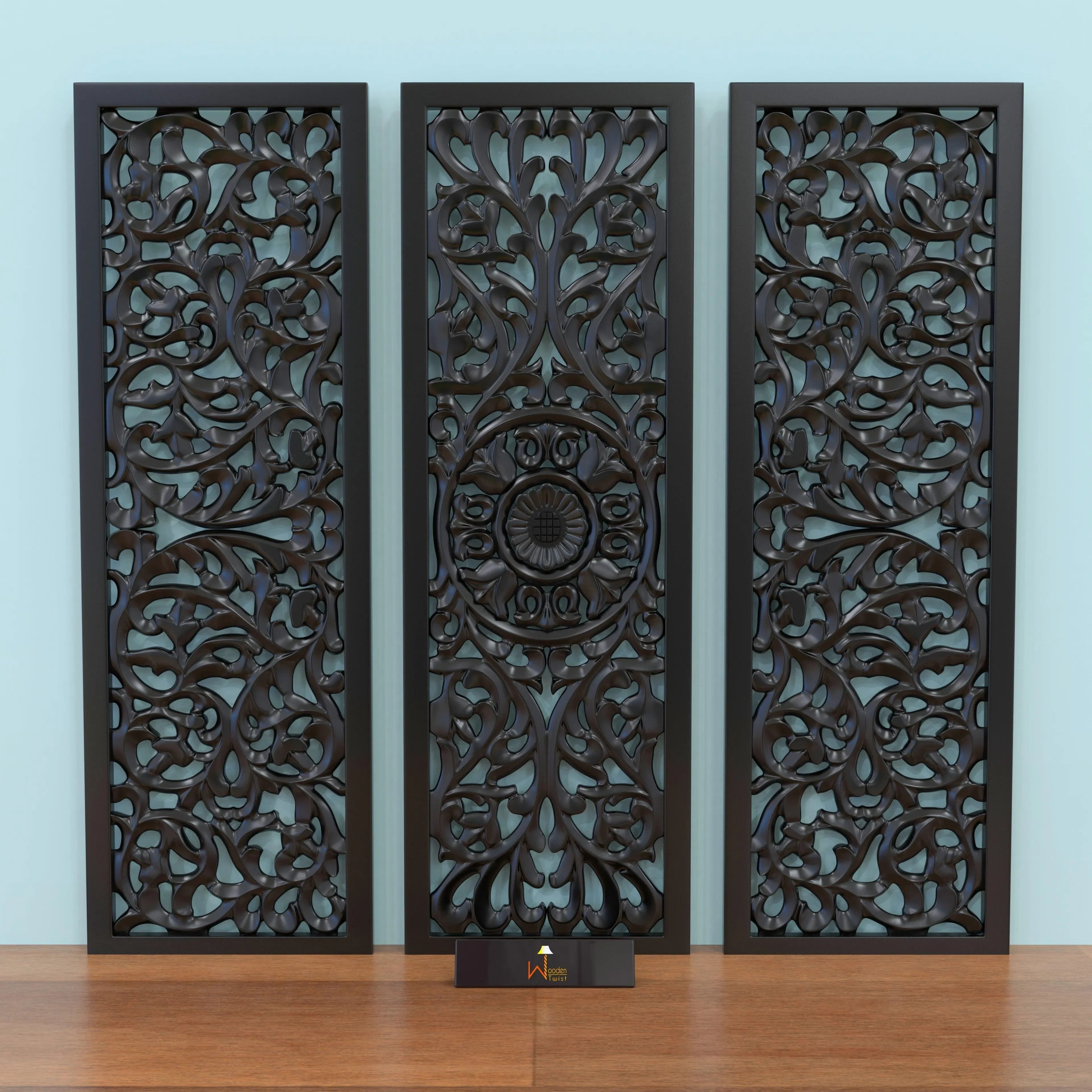 Premium Wooden Decoration Hand Carved 3 Wall Panel (MDF Wood, Black) - Wooden Twist UAE