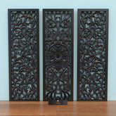 Premium Wooden Decoration Hand Carved 3 Wall Panel (MDF Wood, Black) - Wooden Twist UAE