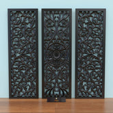 Premium Wooden Decoration Hand Carved 3 Wall Panel (MDF Wood, Black) - Wooden Twist UAE