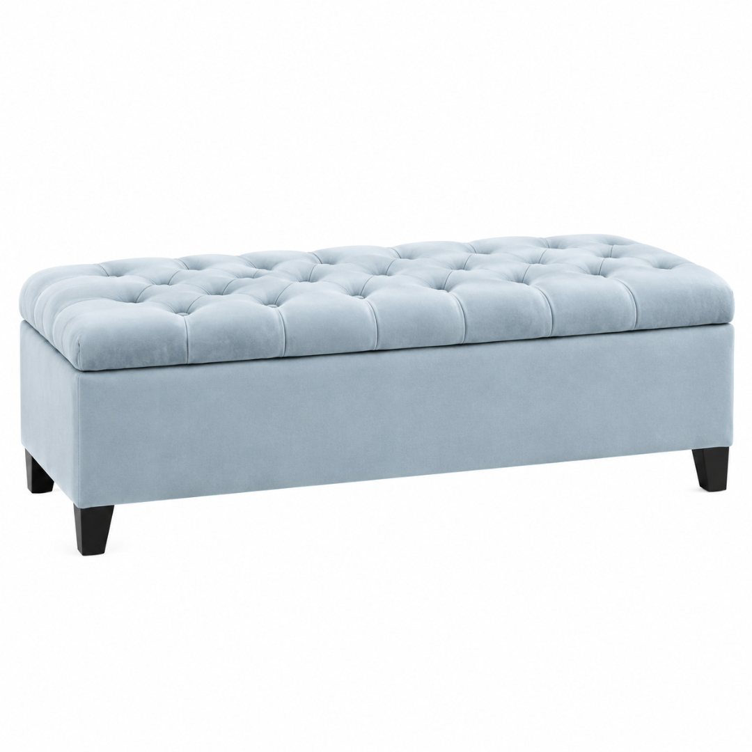Wooden Twist Zelja light sky blue velvet flip top storage bench – angled view on white background