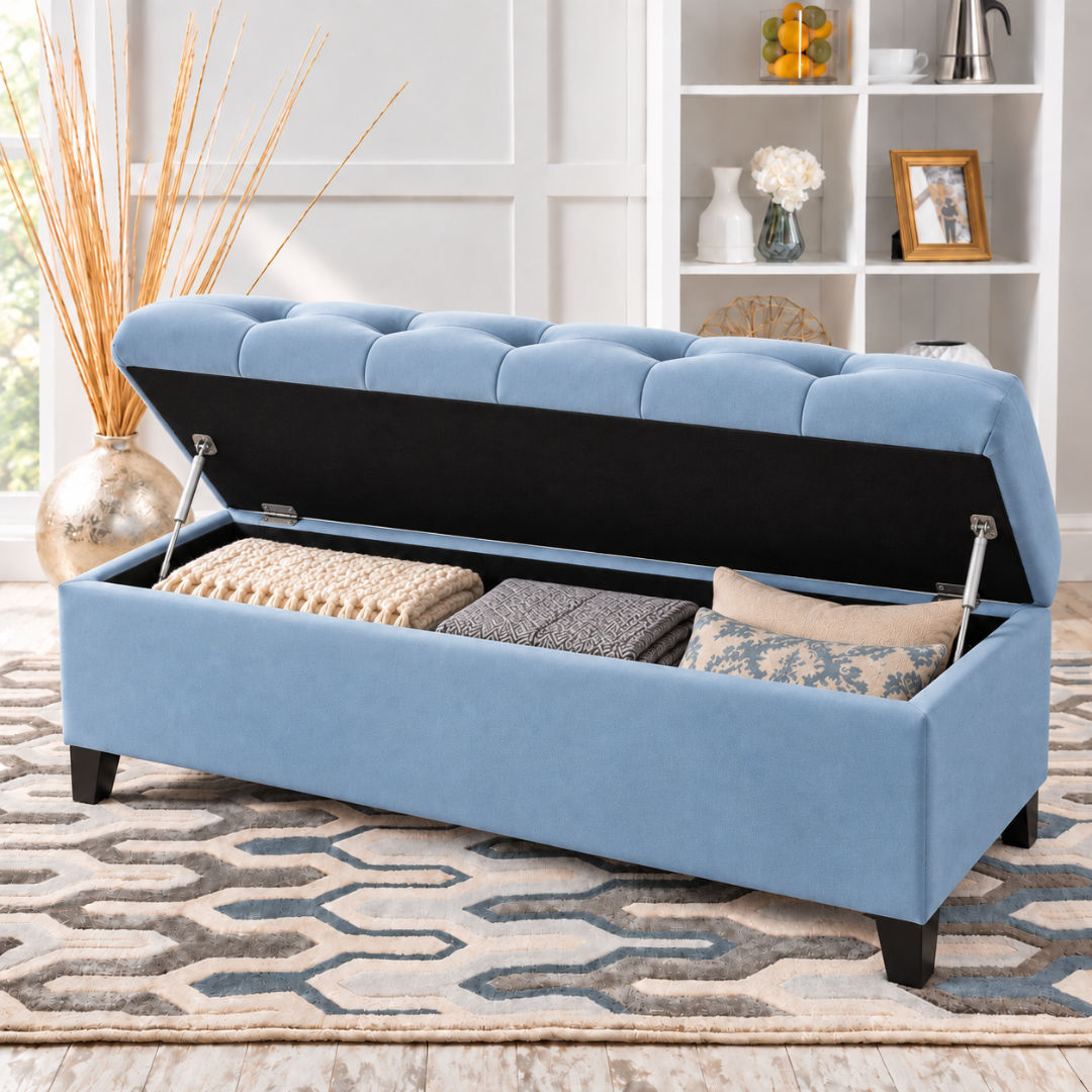 Wooden Twist Zelja light sky blue velvet storage bench – flip top open showing storage