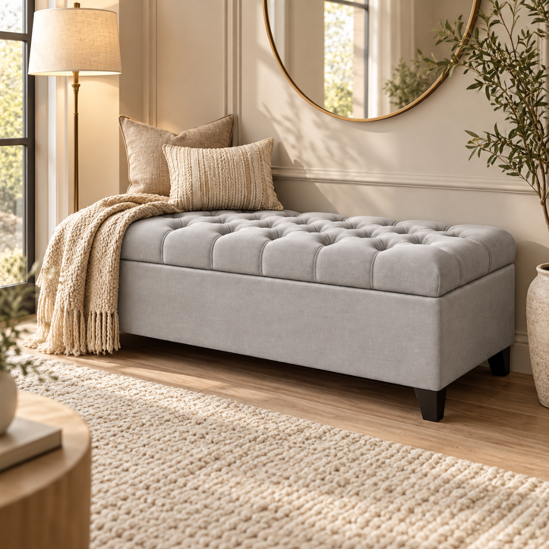 Wooden Twist Zelja light gray tufted velvet storage bench – lifestyle view in entryway