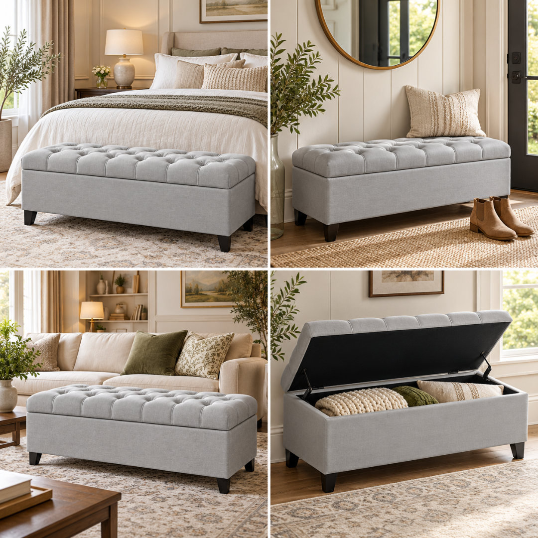 Wooden Twist Zelja light gray velvet storage bench – styled in bedroom, entryway and living room