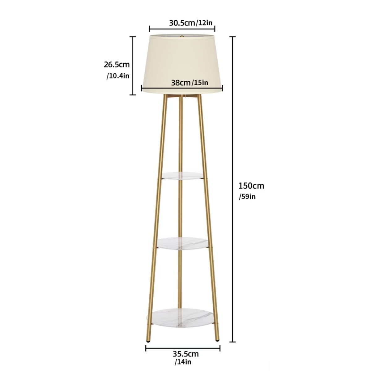 Luminara 3-Tier Shelf Floor Lamp dimensions - 150 cm height, 35.5 cm base width, shade 38cm/30.5cm x 26.5cm