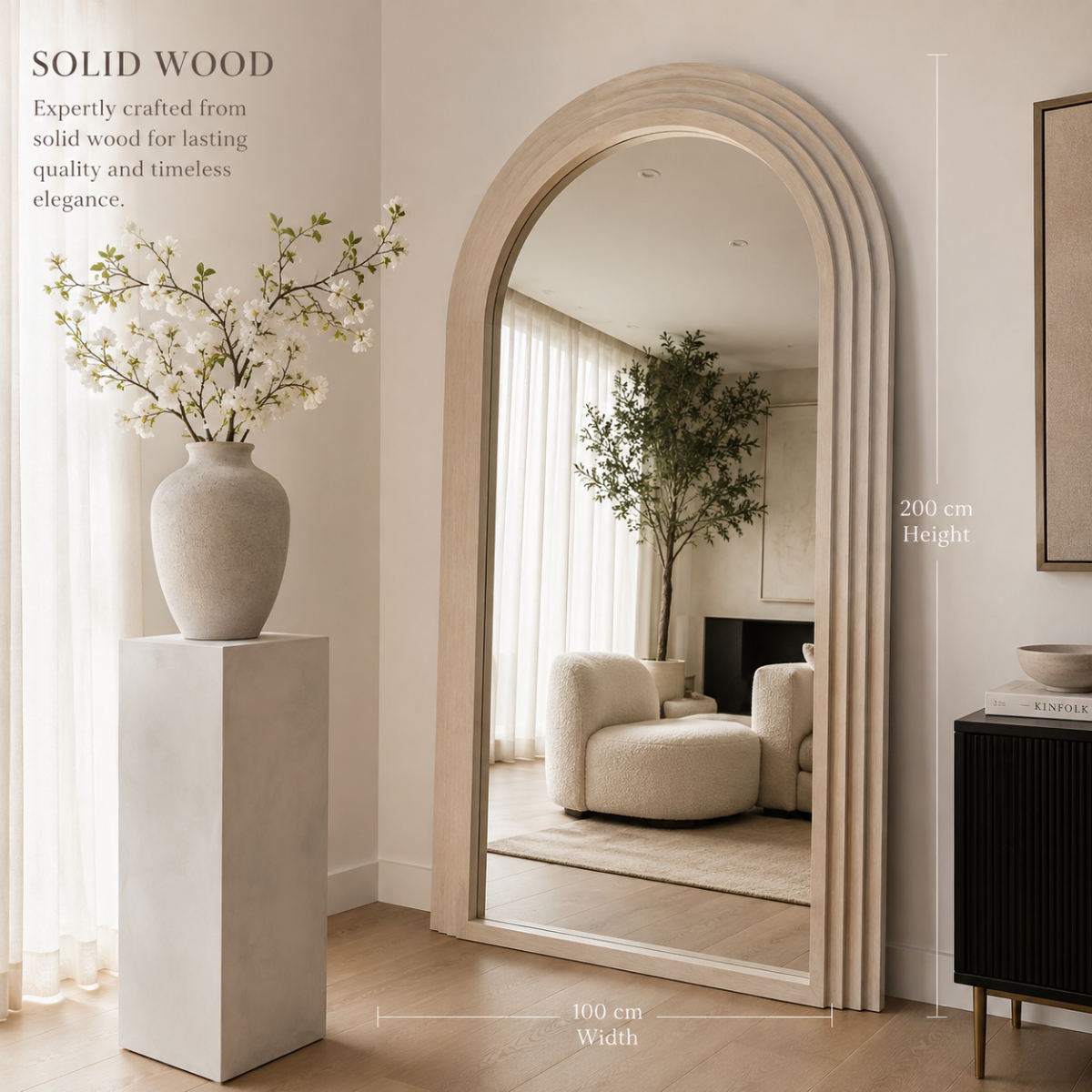 Lunara Solid Wood Arch Floor Mirror dimensions - 200 cm height, 100 cm width, solid wood construction