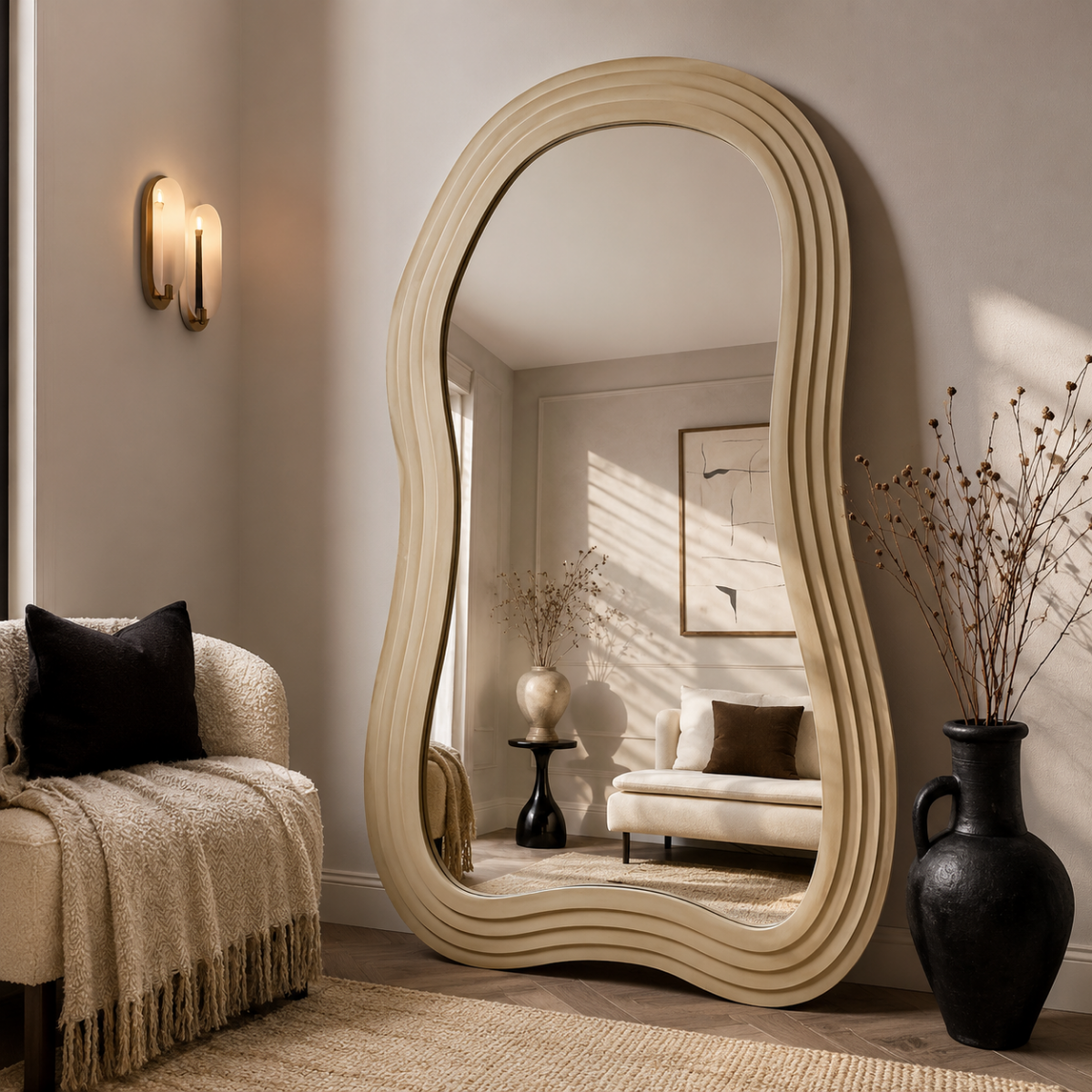 Lunara Solid Wood Wave Floor Mirror 200 x 115 cm - lifestyle view in living room