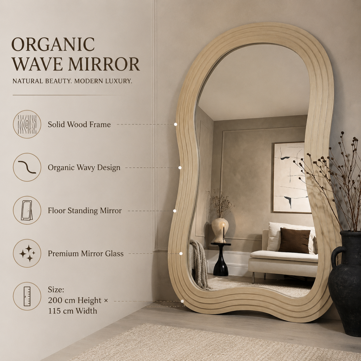 Lunara Solid Wood Wave Floor Mirror - lifestyle view against neutral wall