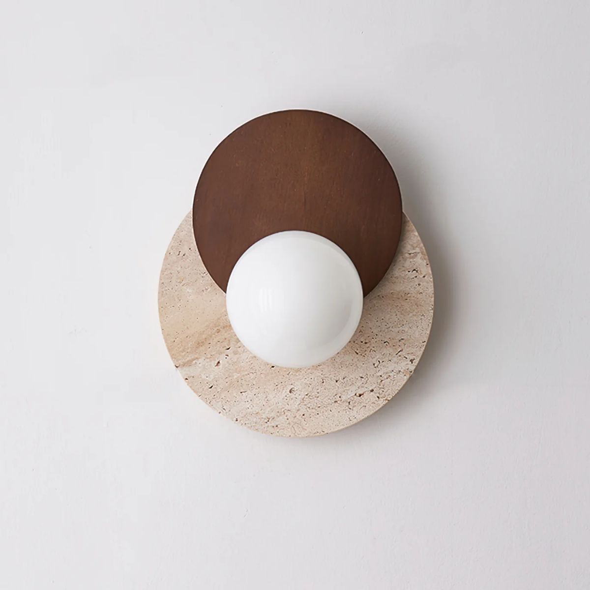 Lunara Travertine Stone & Wood Lunar Eclipse Wall Light front view on light background