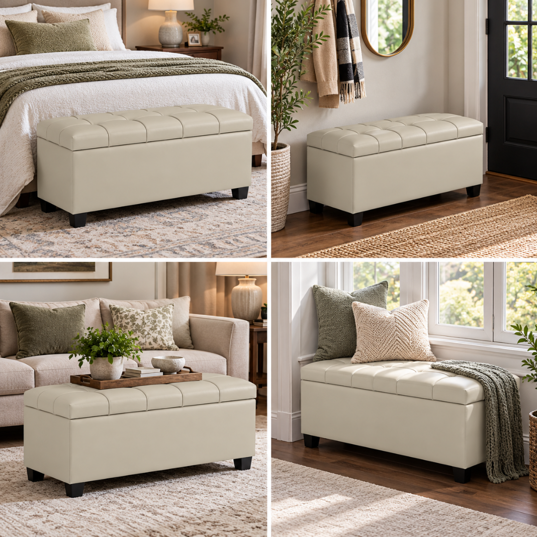 Wooden Twist Luper Tufted Storage Bench Ottoman Cream – styled in bedroom, hallway and living room