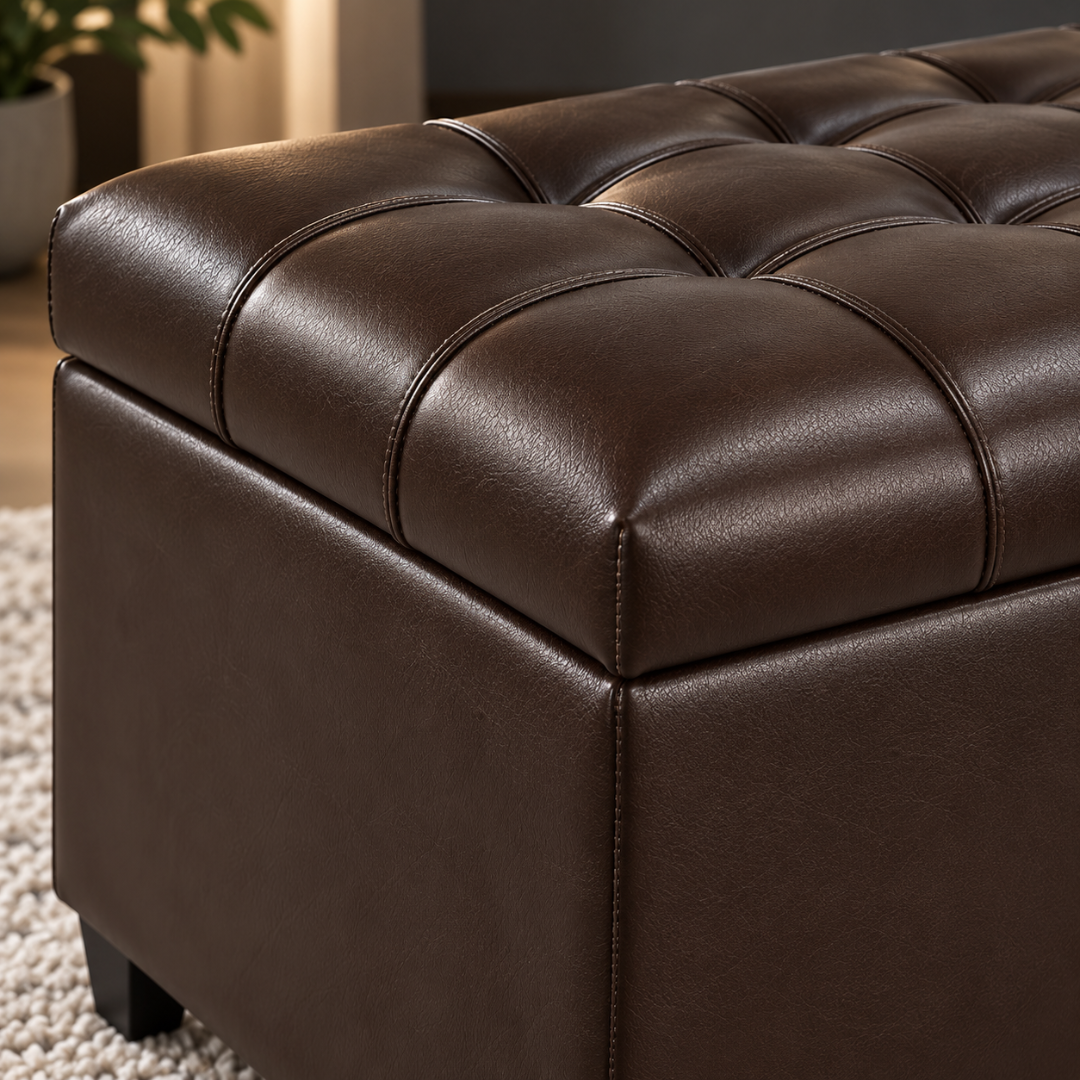 Wooden Twist Luper Tufted Storage Bench Ottoman Brown – close-up of tufted PU leather lid and stitching