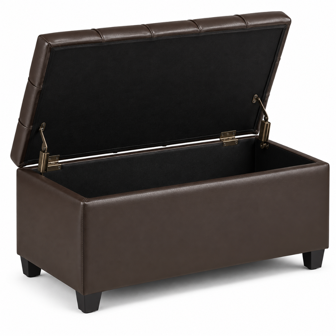 Wooden Twist Luper Tufted Storage Bench Ottoman Brown – angled view with lid open