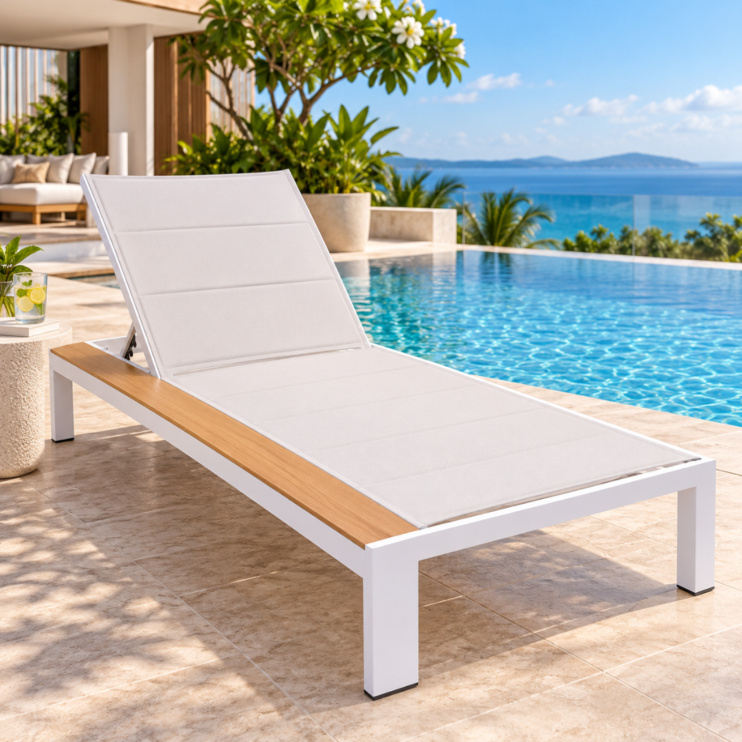 Riviera white sun lounger with teak-tone side ledge on a resort pool deck