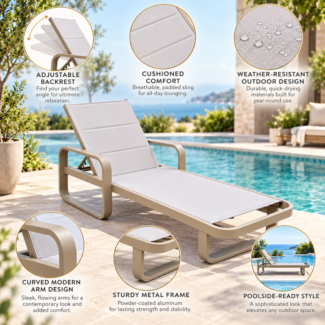 Positano sun lounger features: adjustable backrest, cushioned padded sling, weather-resistant design, curved arms, powder-coated aluminium frame