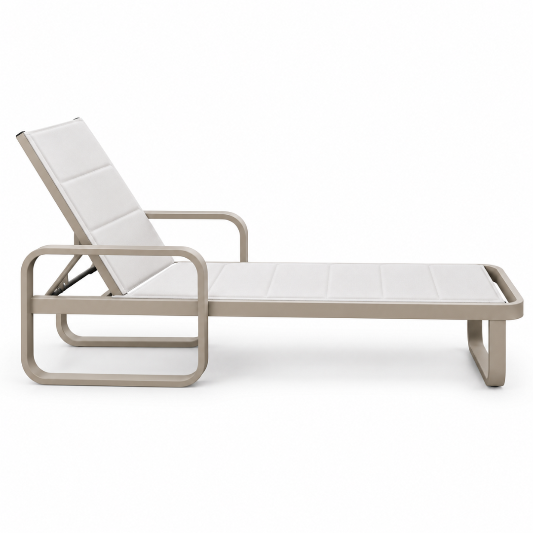 Side view of the Positano sun lounger showing the reclined backrest and curved aluminium frame