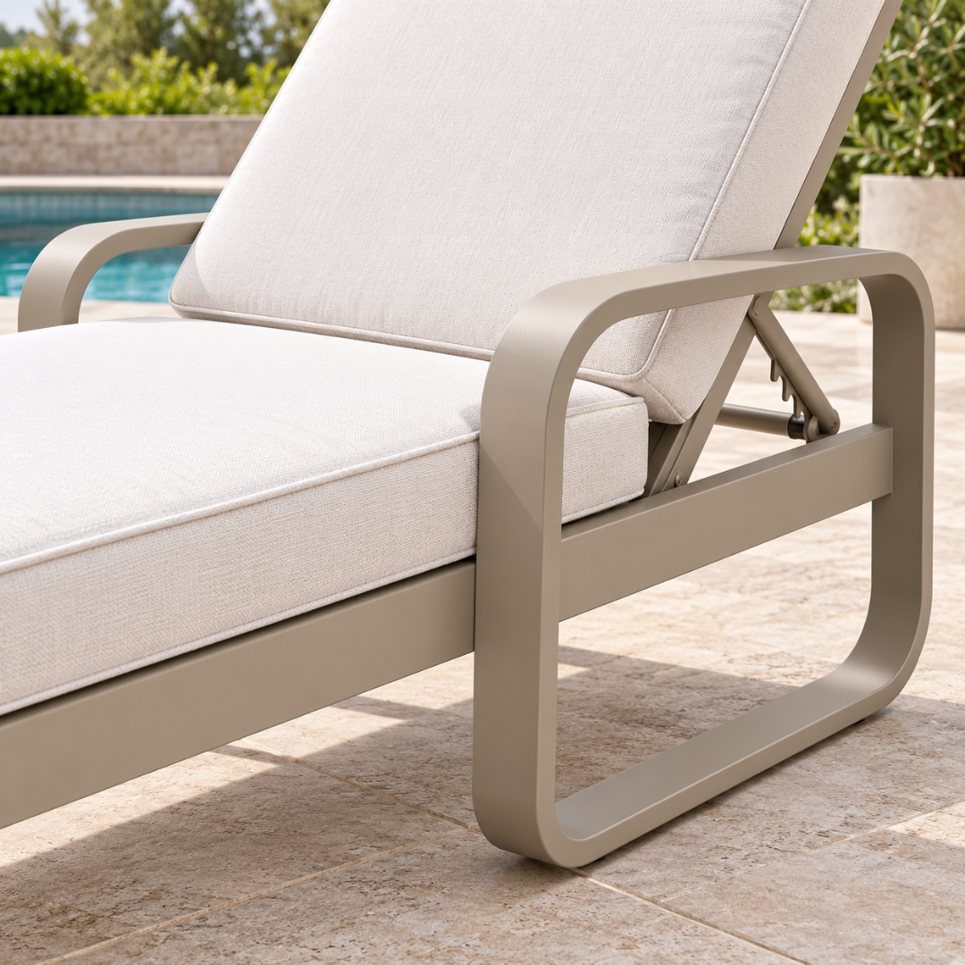Close-up of the Portofino sun lounger loop-style arm, cushion piping and backrest adjustment ratchet